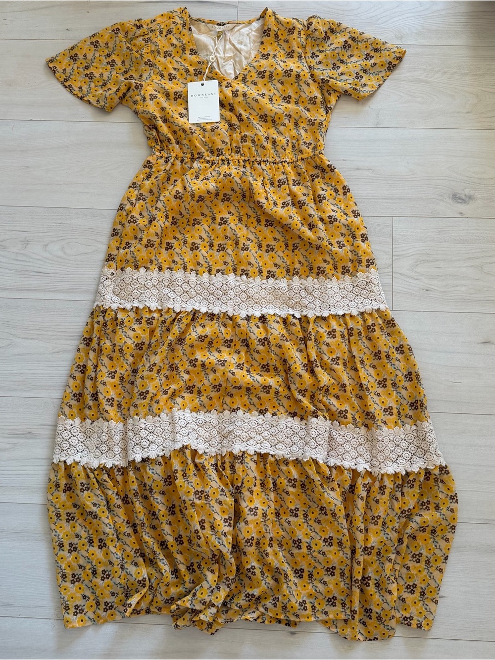 DownEast Yellow Floral Maxi Dress with Cream Lace Trim